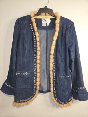 Vintage DVF Embellished Dark Blue Denim Jacket with Fur Trim Funky Boho Chic